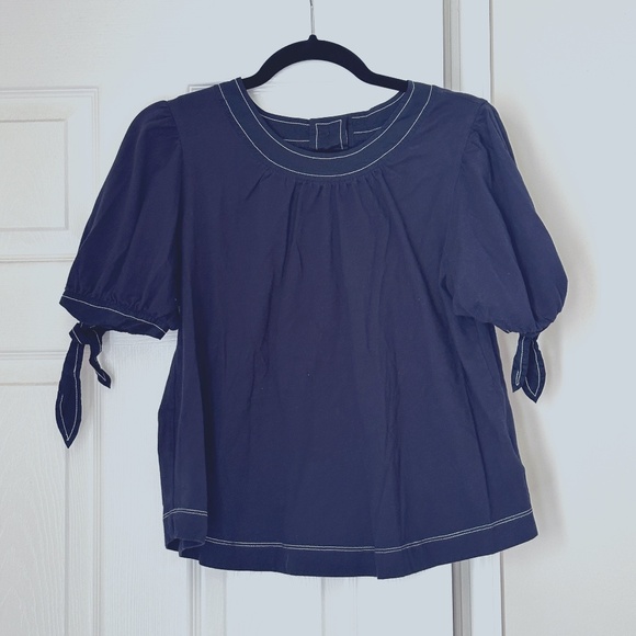 Navy Blue Puff Sleeve Top By Anthropologie Size Petite Large Button Back - Picture 1 of 8